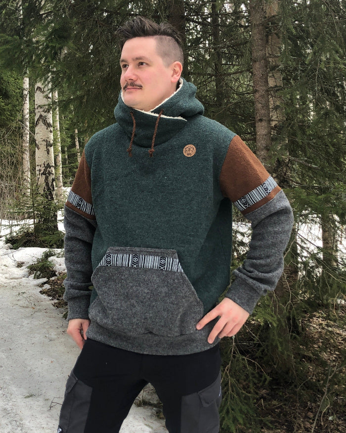 Hoodie i kokt ull * mörkgrön -grå *